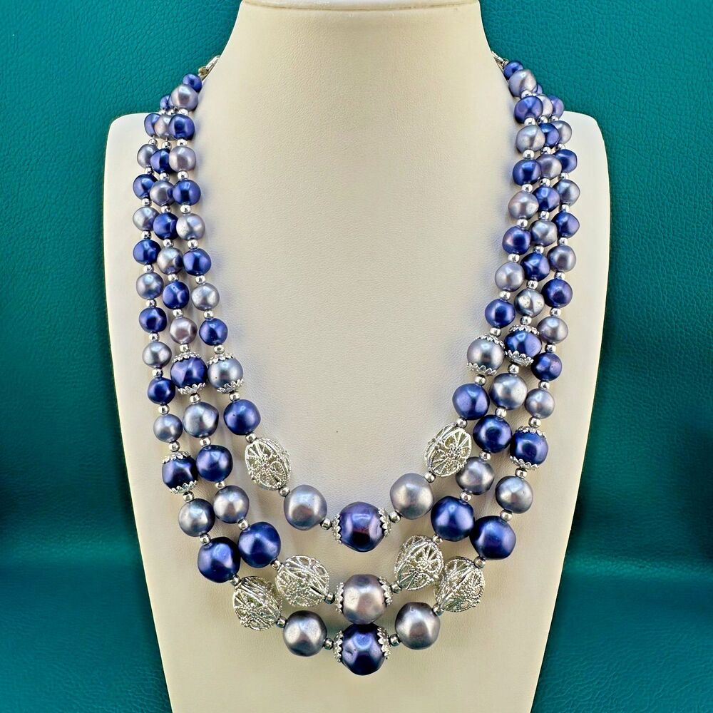 Vintage Necklace Purple Faux Pearl Silver Tone Filigree Bead 3 Strand Japan 16"